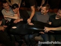 Big cock slave is publicly humiliated and caught in the cum Bound in Public